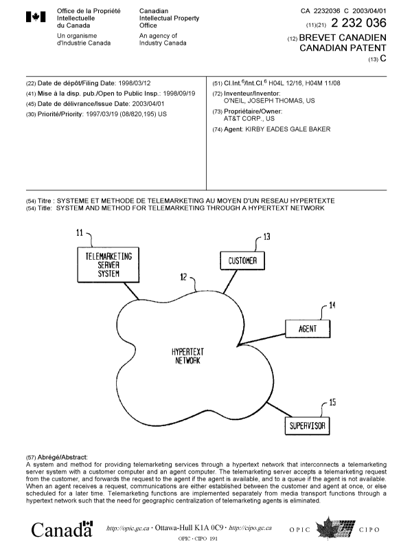 Document de brevet canadien 2232036. Page couverture 20030225. Image 1 de 1