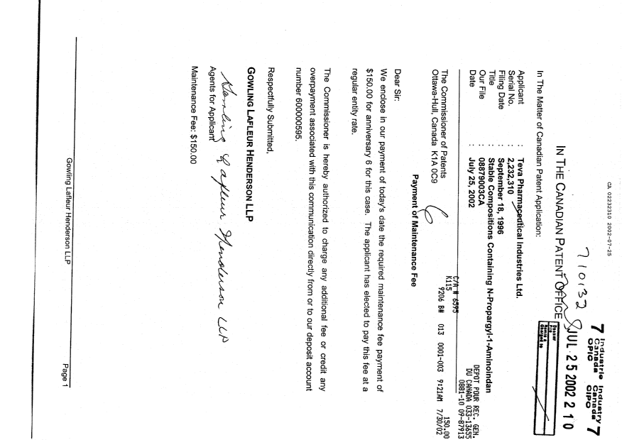 Document de brevet canadien 2232310. Taxes 20011225. Image 1 de 1