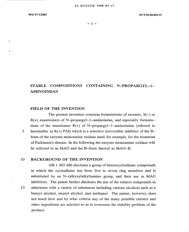 Canadian Patent Document 2232310. Description 20051202. Image 1 of 8