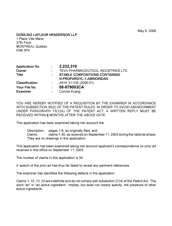 Document de brevet canadien 2232310. Poursuite-Amendment 20051209. Image 1 de 2