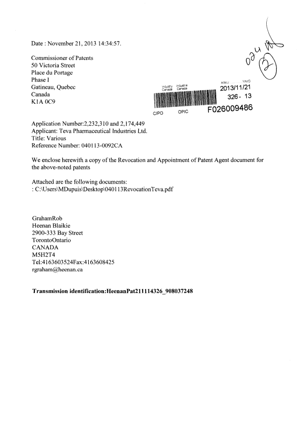 Canadian Patent Document 2232310. Correspondence 20121221. Image 1 of 4