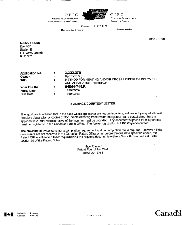 Canadian Patent Document 2232376. Correspondence 19971209. Image 1 of 1