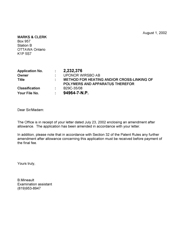 Canadian Patent Document 2232376. Correspondence 20011201. Image 1 of 1