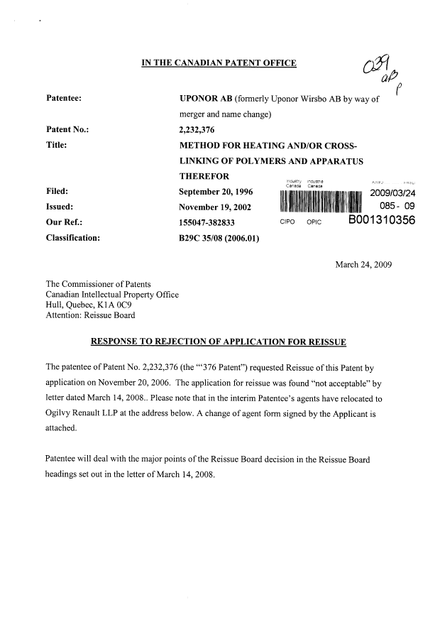 Canadian Patent Document 2232376. Prosecution-Amendment 20081224. Image 1 of 6