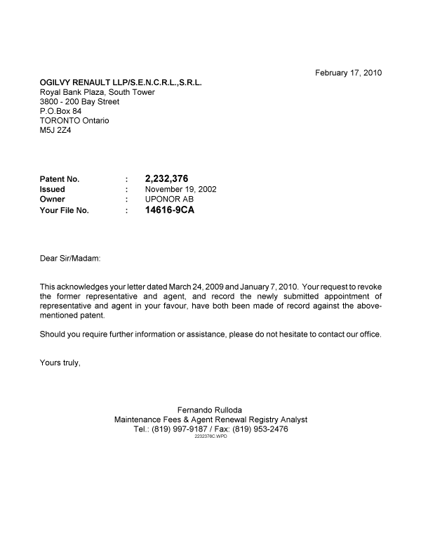 Canadian Patent Document 2232376. Correspondence 20091217. Image 1 of 1