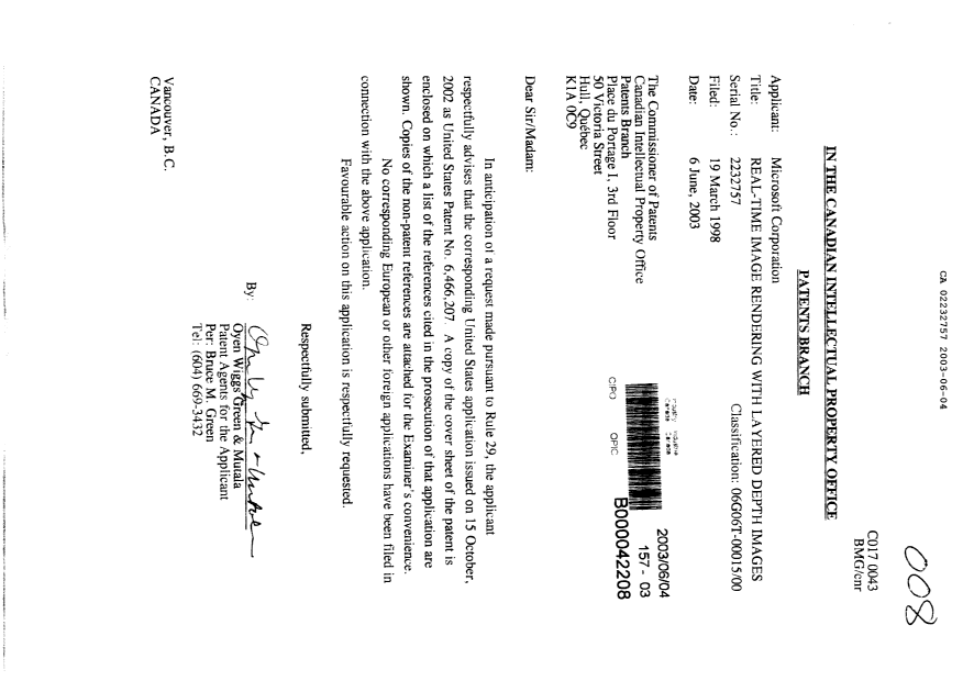 Canadian Patent Document 2232757. Prosecution-Amendment 20030604. Image 1 of 1