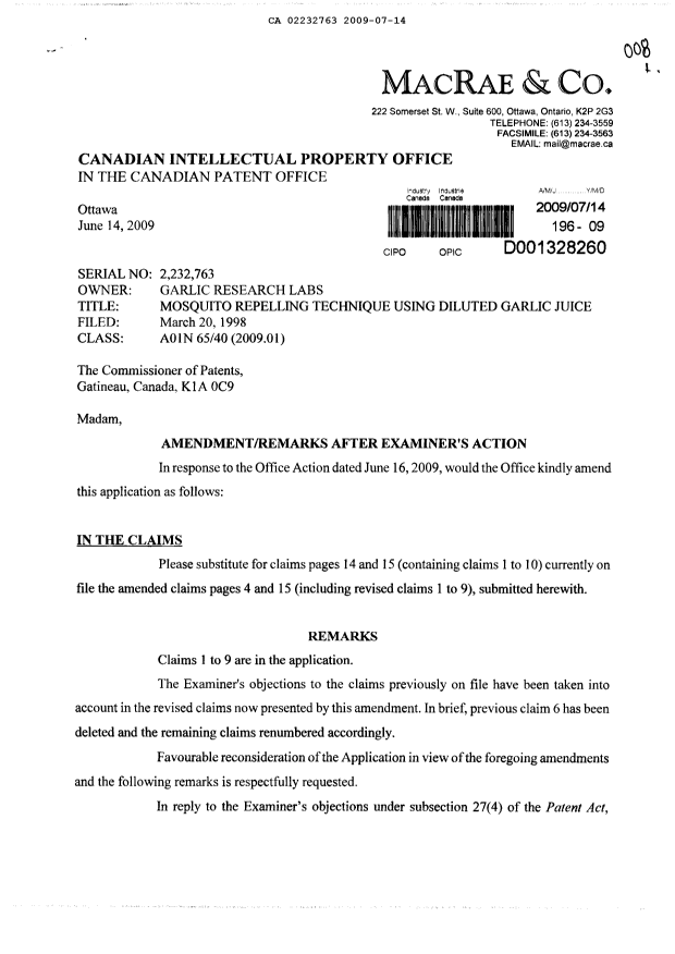 Document de brevet canadien 2232763. Poursuite-Amendment 20081214. Image 1 de 4