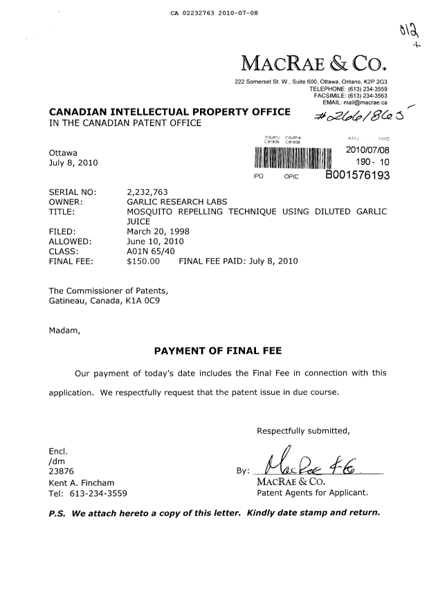 Document de brevet canadien 2232763. Correspondance 20091208. Image 1 de 1