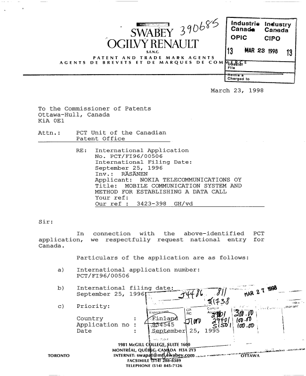 Document de brevet canadien 2232792. Cession 19980323. Image 1 de 4