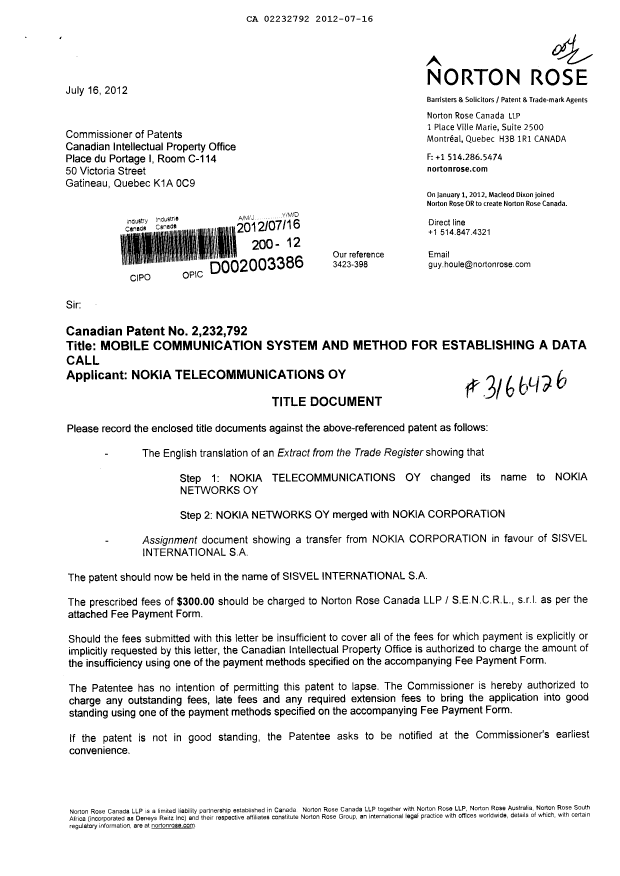 Document de brevet canadien 2232792. Cession 20120716. Image 1 de 23