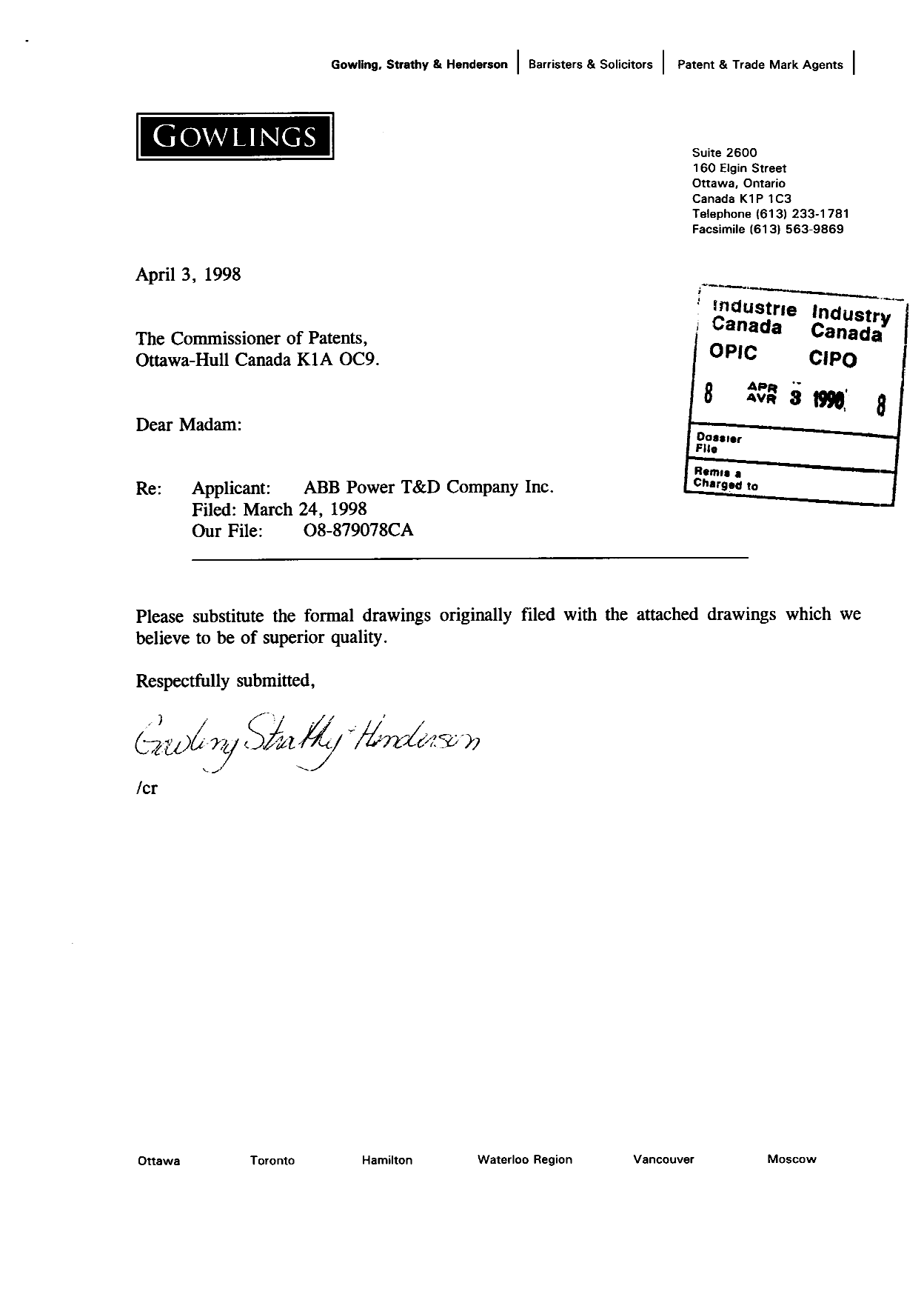 Document de brevet canadien 2233104. Correspondance 19971203. Image 1 de 9