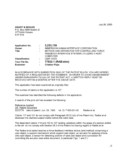 Canadian Patent Document 2233136. Prosecution-Amendment 20000726. Image 1 of 2