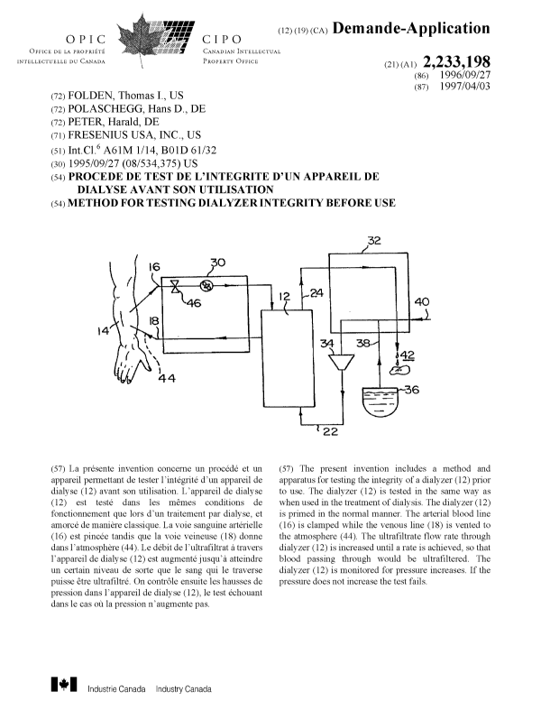 Document de brevet canadien 2233198. Page couverture 19971210. Image 1 de 1