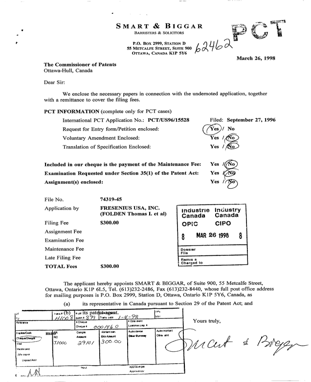 Canadian Patent Document 2233198. Assignment 19971226. Image 1 of 2
