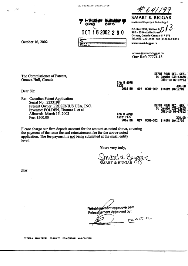 Canadian Patent Document 2233198. Prosecution-Amendment 20011216. Image 1 of 1