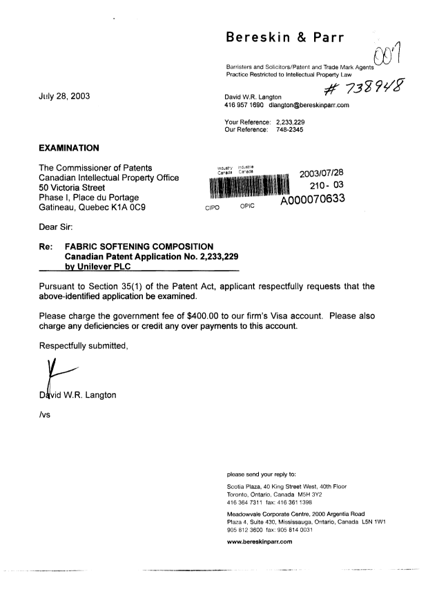Document de brevet canadien 2233229. Poursuite-Amendment 20030728. Image 1 de 1