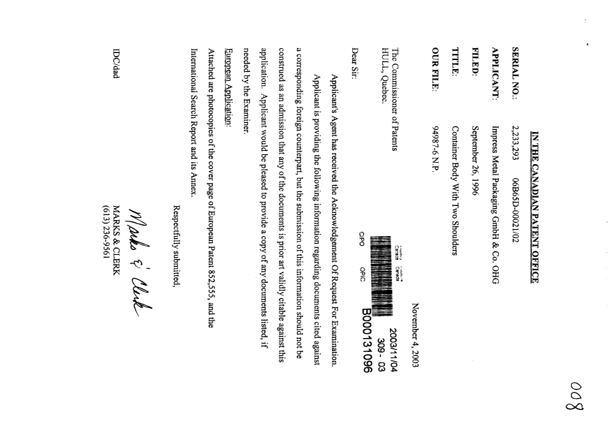 Canadian Patent Document 2233293. Prosecution-Amendment 20031104. Image 1 of 1