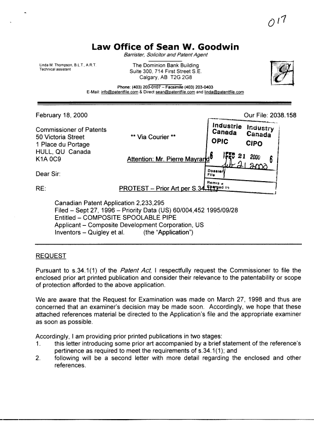 Canadian Patent Document 2233295. Prosecution-Amendment 20000221. Image 1 of 4