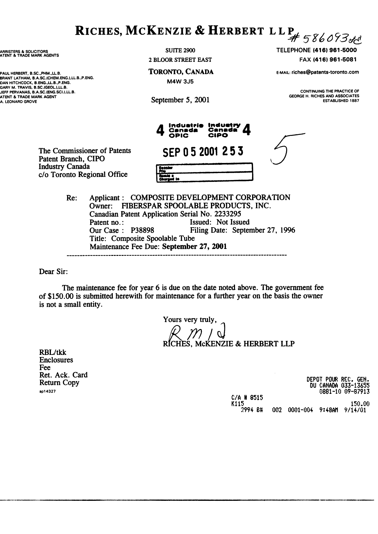 Document de brevet canadien 2233295. Taxes 20010905. Image 1 de 1