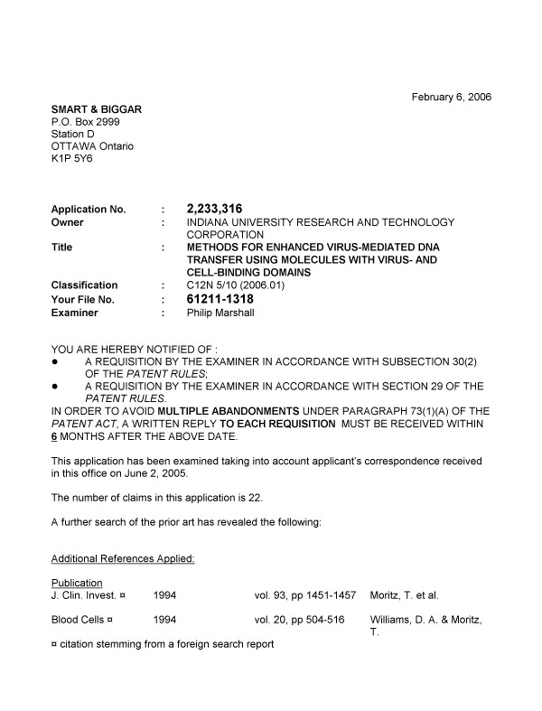 Canadian Patent Document 2233316. Prosecution-Amendment 20060206. Image 1 of 3
