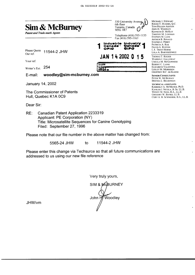 Canadian Patent Document 2233319. Correspondence 20020114. Image 1 of 1