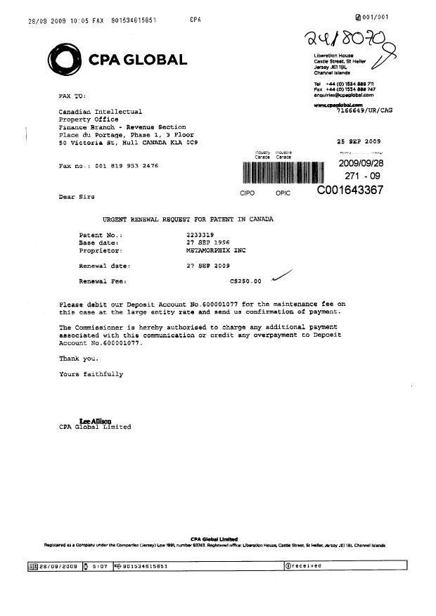 Canadian Patent Document 2233319. Fees 20090928. Image 1 of 1