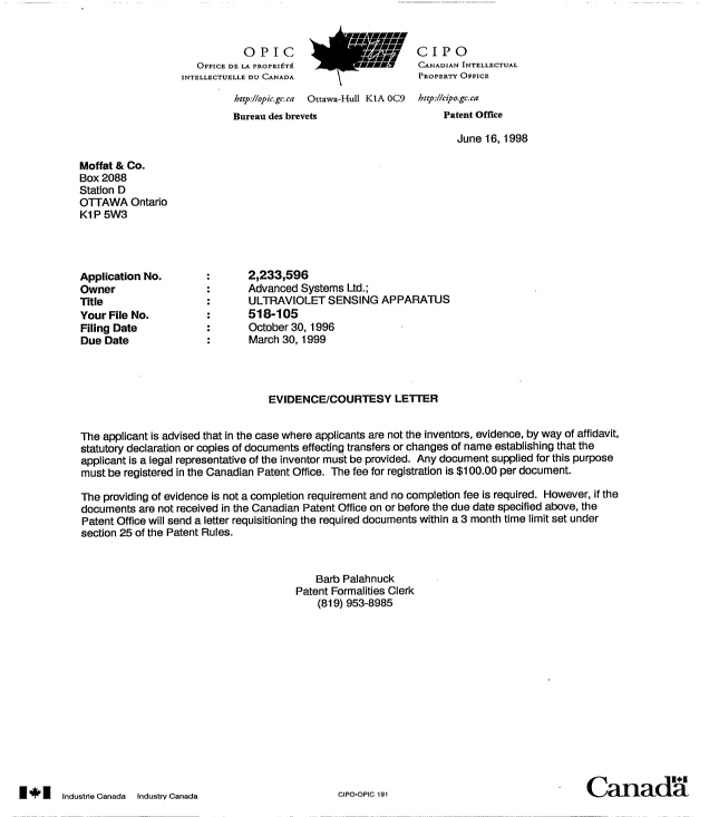 Document de brevet canadien 2233596. Correspondance 19980616. Image 1 de 1