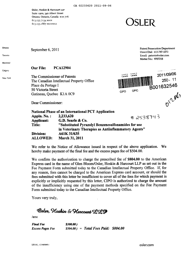 Document de brevet canadien 2233620. Correspondance 20110906. Image 1 de 1