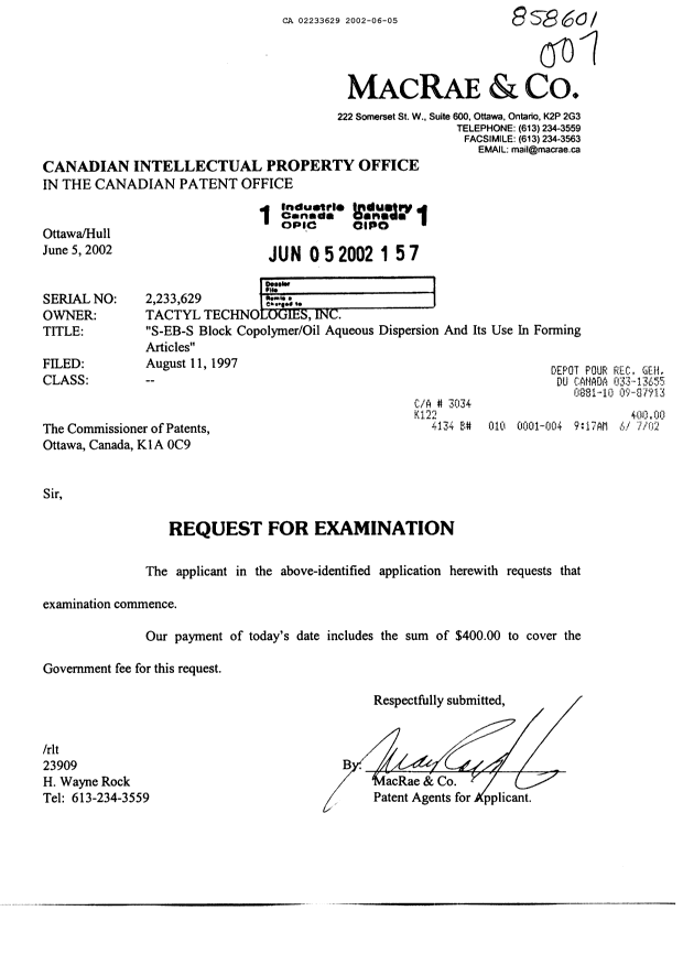 Canadian Patent Document 2233629. Prosecution-Amendment 20020605. Image 1 of 1