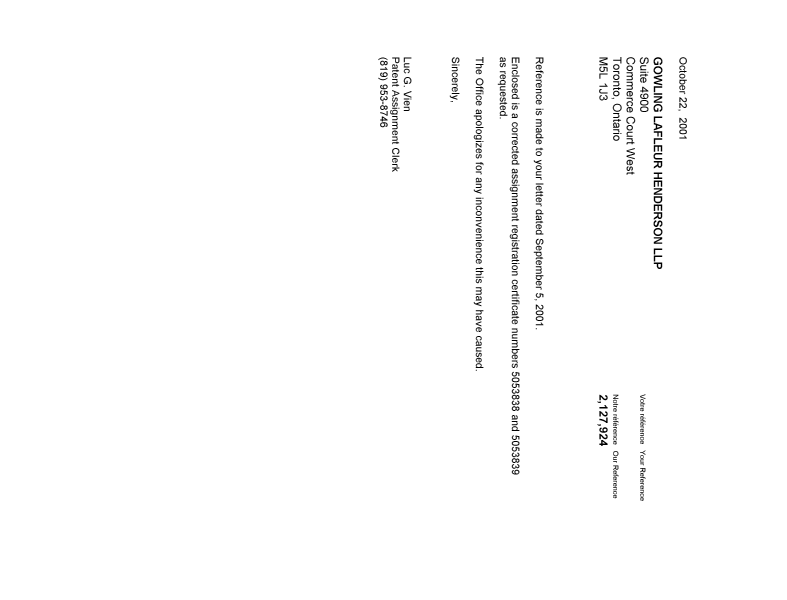 Canadian Patent Document 2233712. Correspondence 20011022. Image 1 of 1