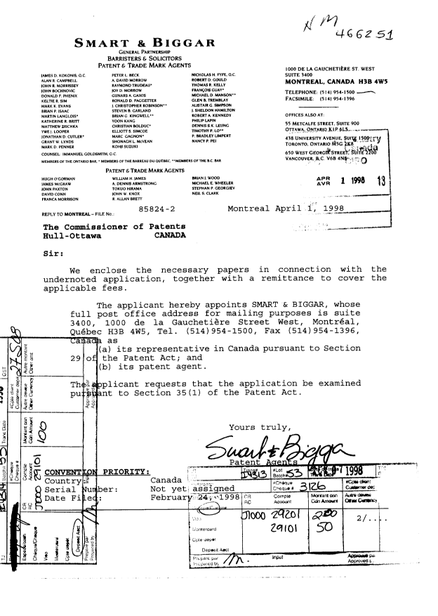Document de brevet canadien 2233794. Correspondance 19971201. Image 1 de 5
