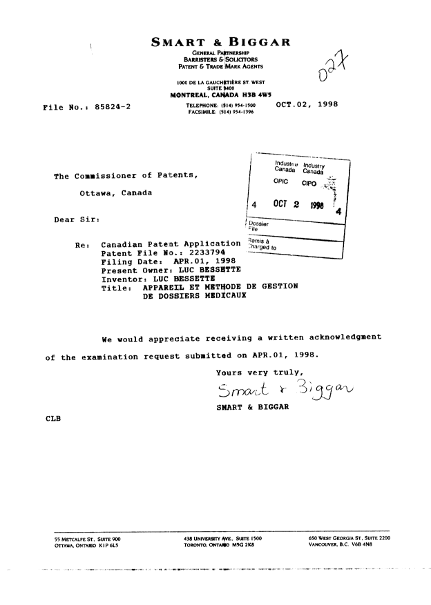 Document de brevet canadien 2233794. Poursuite-Amendment 19971202. Image 1 de 1