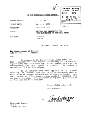 Canadian Patent Document 2233794. Correspondence 19971224. Image 1 of 2