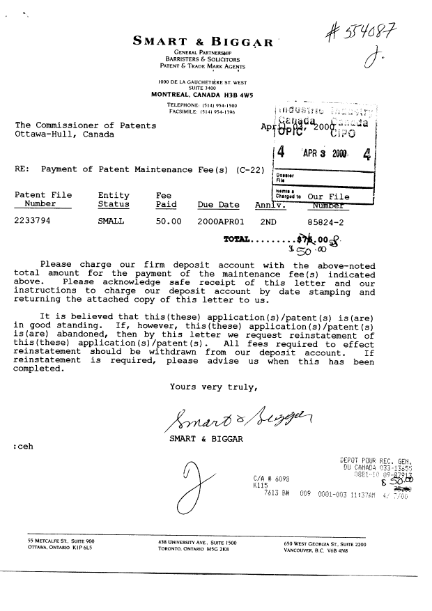 Canadian Patent Document 2233794. Fees 19991203. Image 1 of 1