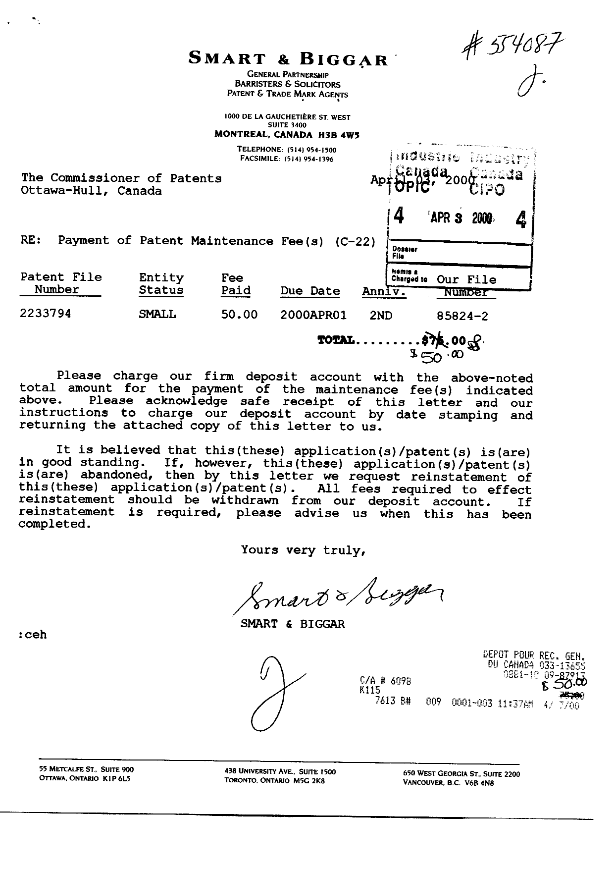 Canadian Patent Document 2233794. Fees 19991203. Image 1 of 1