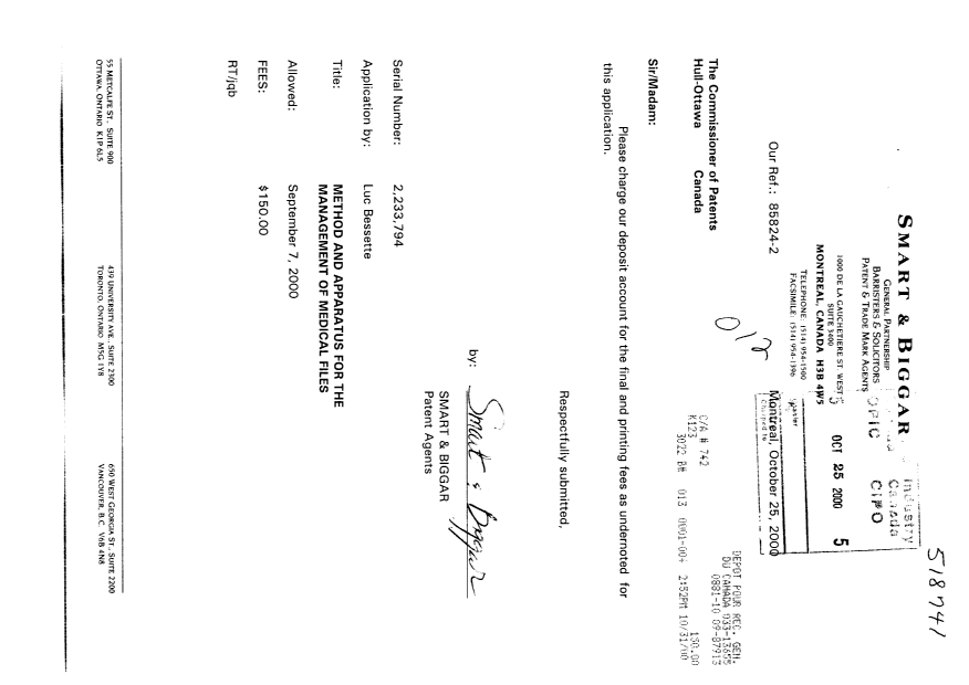 Canadian Patent Document 2233794. Correspondence 19991225. Image 1 of 1