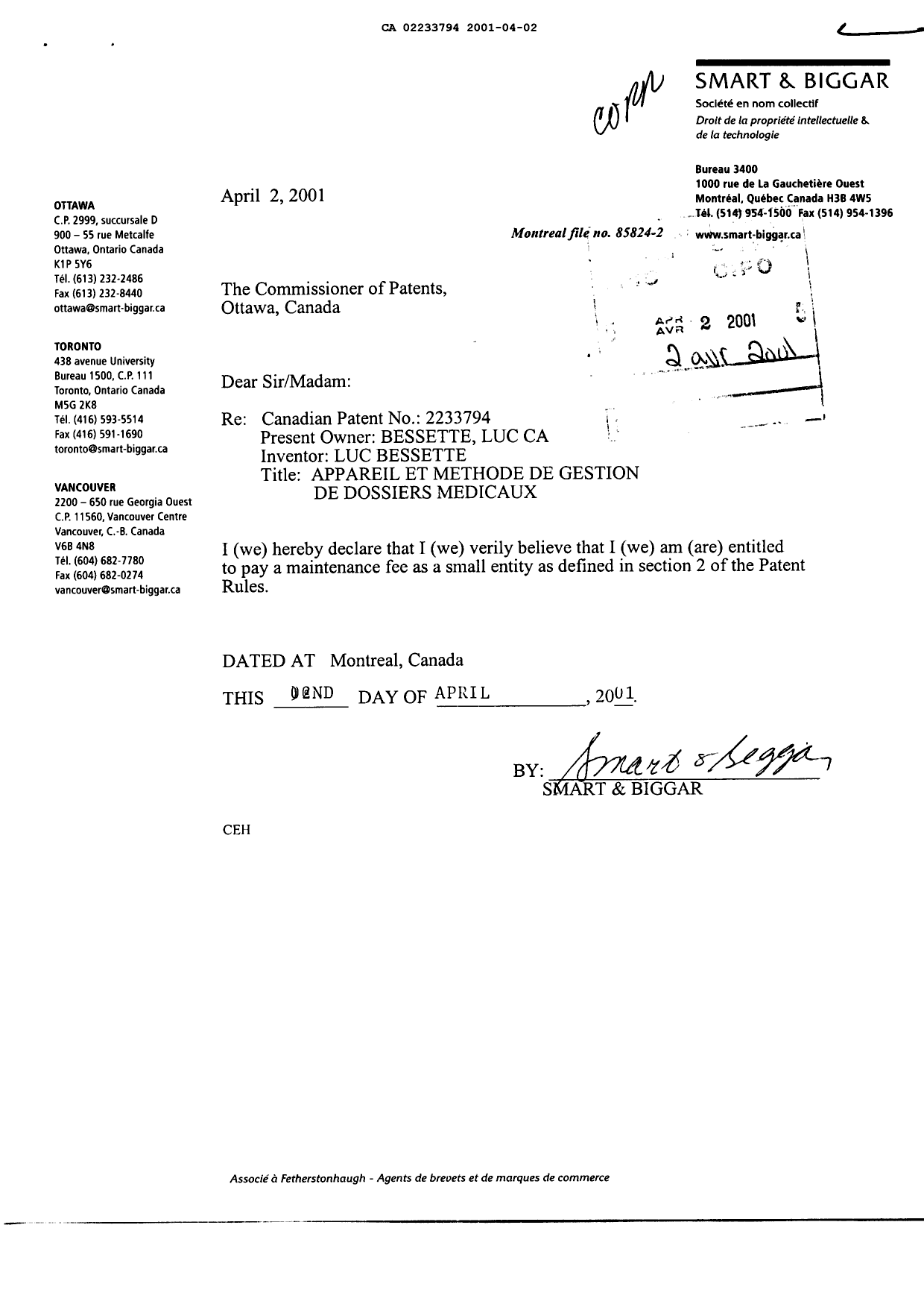 Canadian Patent Document 2233794. Correspondence 20001202. Image 1 of 1