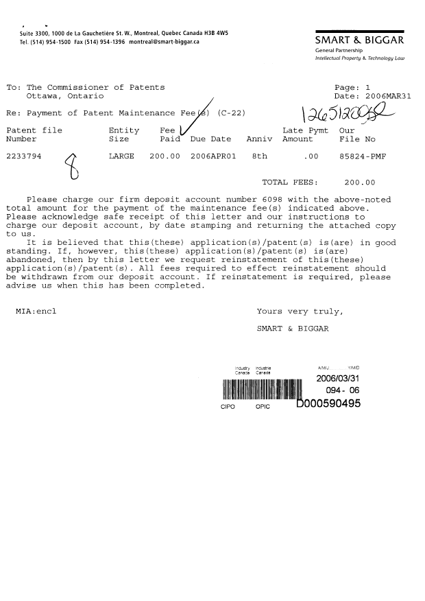 Document de brevet canadien 2233794. Taxes 20051231. Image 1 de 1
