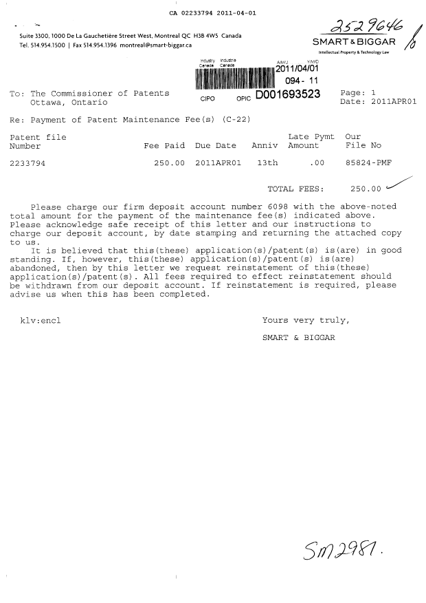 Document de brevet canadien 2233794. Taxes 20101201. Image 1 de 1