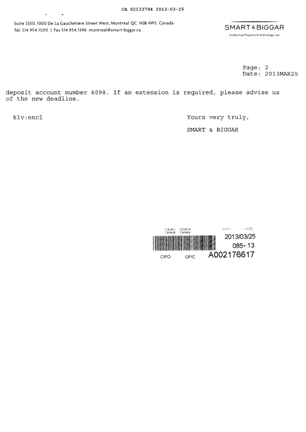 Document de brevet canadien 2233794. Taxes 20121225. Image 2 de 2