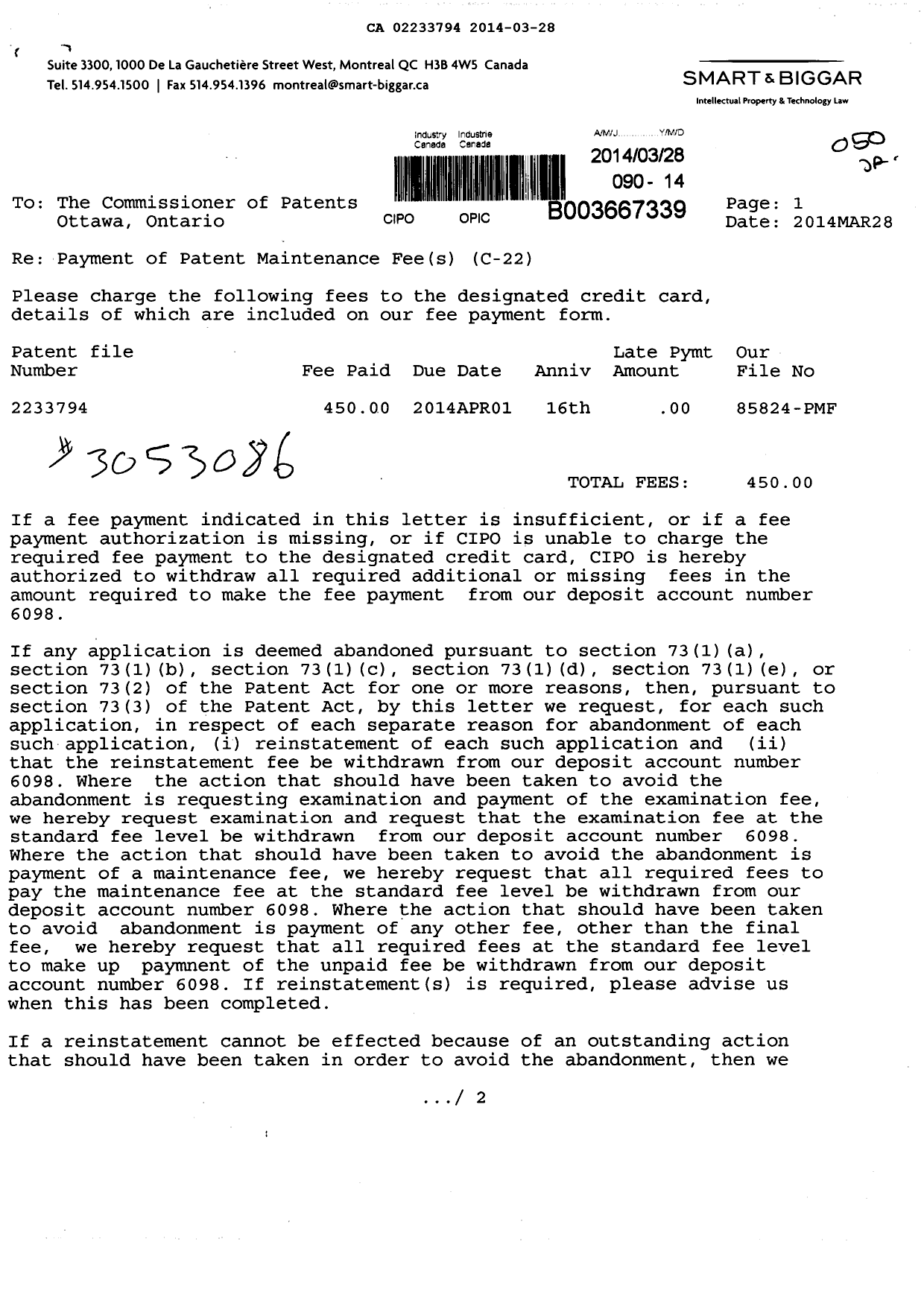 Document de brevet canadien 2233794. Taxes 20131228. Image 1 de 2