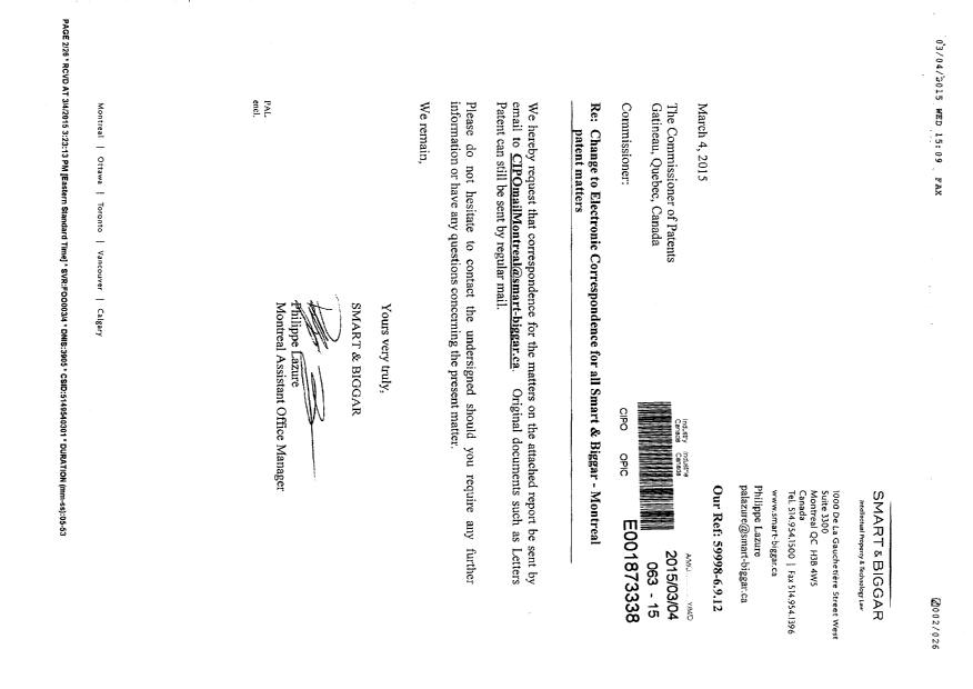 Document de brevet canadien 2233794. Correspondance 20141204. Image 1 de 3