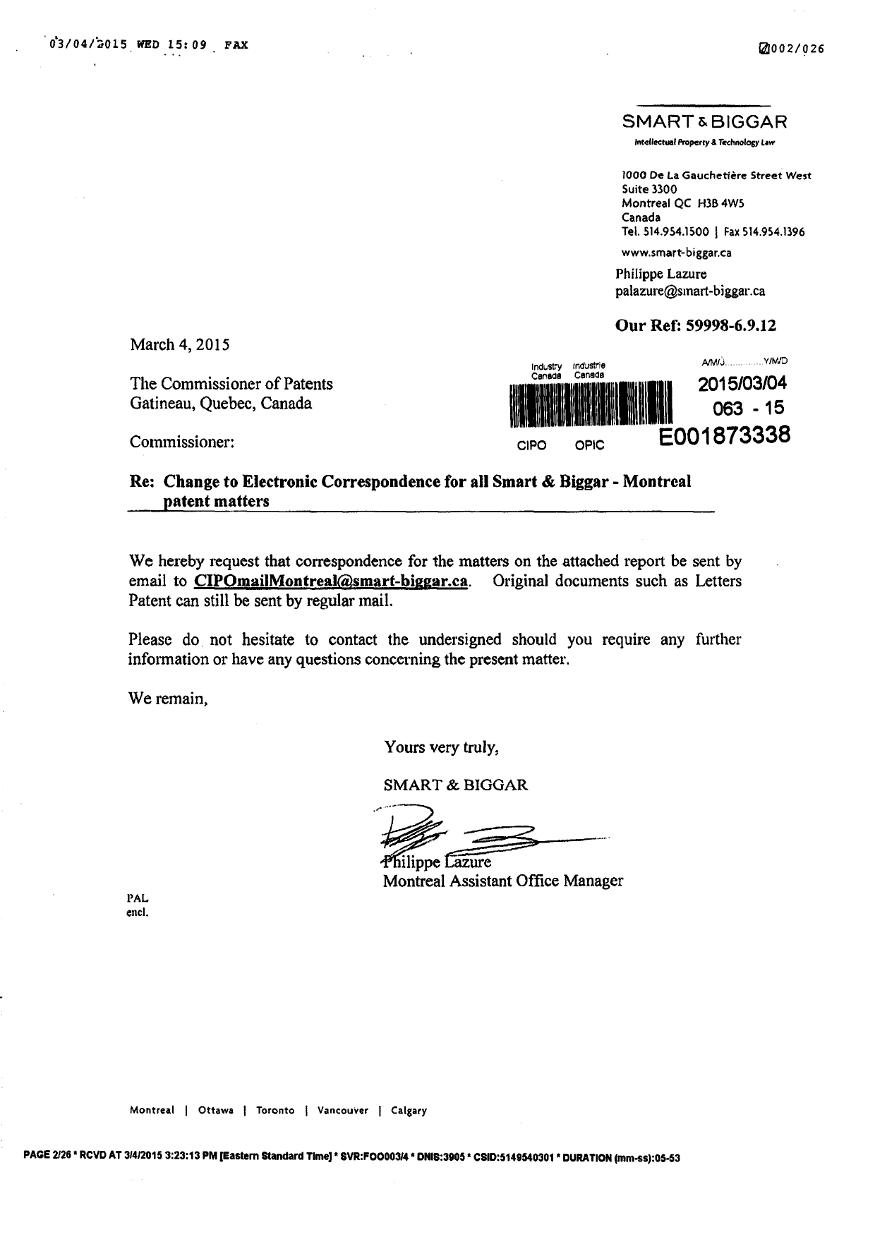 Document de brevet canadien 2233794. Correspondance 20141204. Image 1 de 3