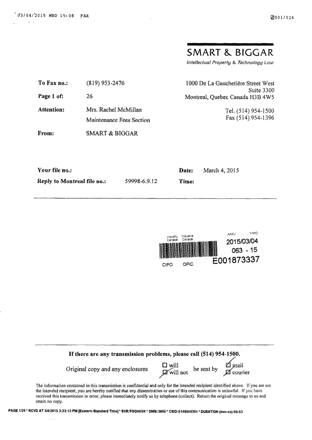 Document de brevet canadien 2233794. Correspondance 20141204. Image 2 de 3