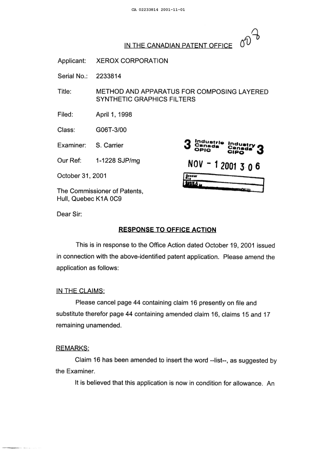 Canadian Patent Document 2233814. Prosecution-Amendment 20011101. Image 1 of 3