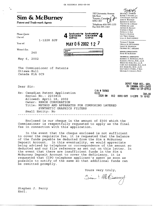 Canadian Patent Document 2233814. Correspondence 20011206. Image 1 of 1