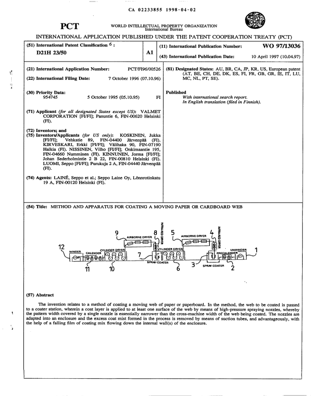 Canadian Patent Document 2233855. Abstract 19980402. Image 1 of 1
