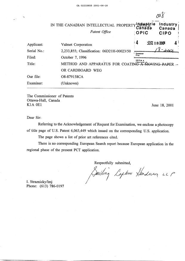 Canadian Patent Document 2233855. Prosecution-Amendment 20010618. Image 1 of 1