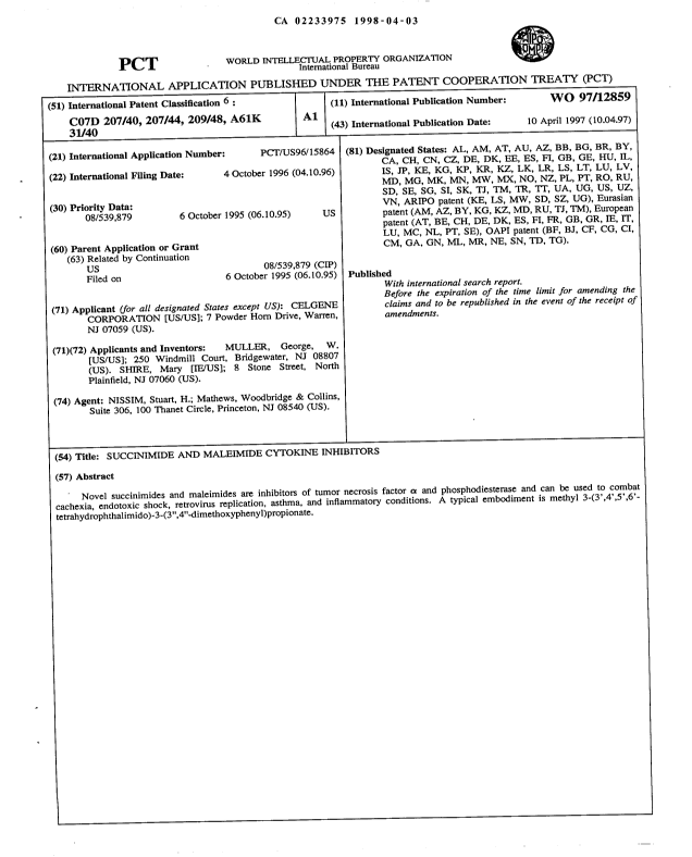 Canadian Patent Document 2233975. Abstract 19980403. Image 1 of 1
