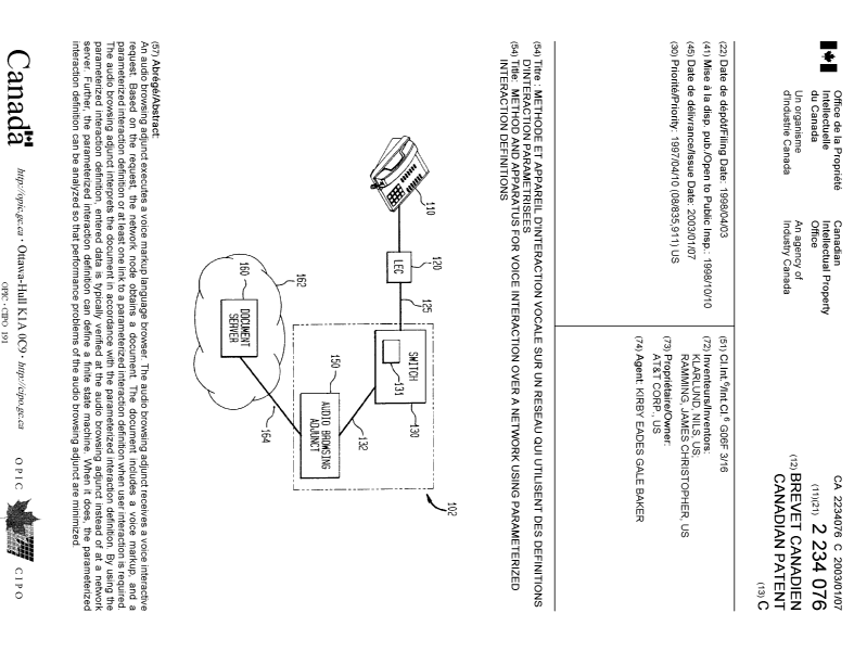 Document de brevet canadien 2234076. Page couverture 20011204. Image 1 de 1